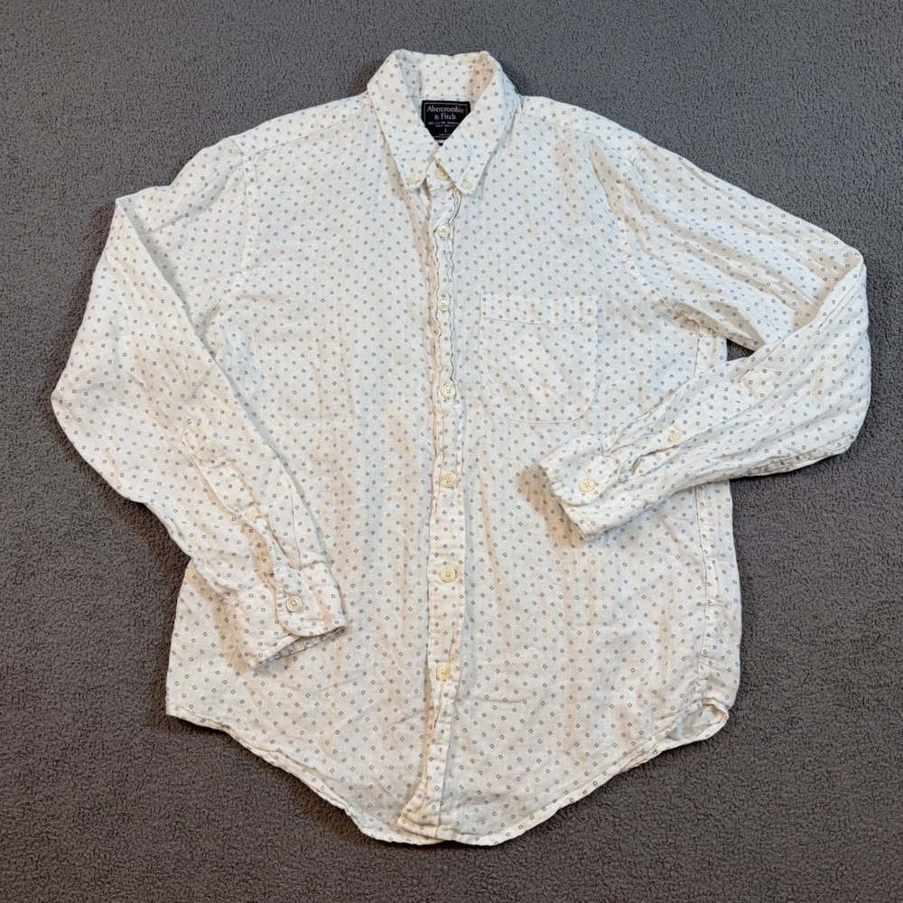 Abercrombie & Fitch Mens Small White Blue Diamond Print 100% Linen Button Down